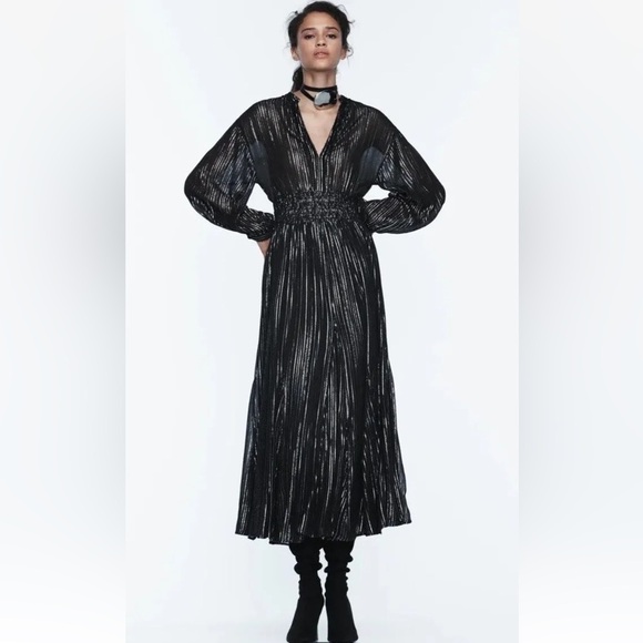 Zara Metallic Stripe Dress Black Silver Notch Collar Beaded Trim - Picture 2 of 11